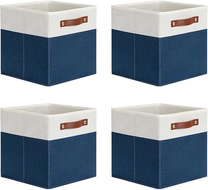 DULLEMELO Fabric Bins for Cube 11x11, Gift Baskets Empty for Boy Girl Mother Father Christmas Festival,Fabric Storage Bins Cube Organizer Baskets With Leather Handles(White&Blue)