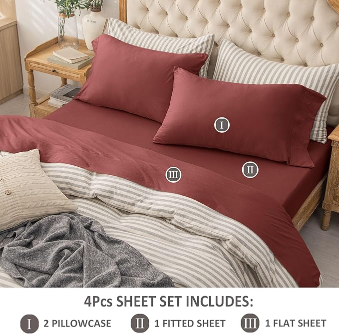 PURE ERA Jersey Knit 4pc Bed Sheet Set 100% T-Shirt Cotton Super Soft Comfy Breathable Fits Mattress Up to 20" Extra Deep Pocket (Solid Brick Red, Queen)