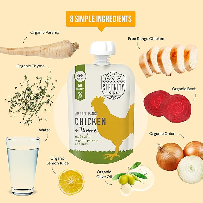 Serenity Kids 6+ Months Baby Food Pouches Puree Made With Ethically Sourced Meats & Organic Veggies | 3.5 Ounce BPA-Free Pouch | Free Range Chicken & Thyme, Parsnip, Beet | 1 Count