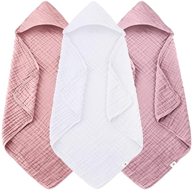 Sunny zzzZZ Muslin Hooded Baby Bath Towels - 3 Pack 100% Cotton Soft Low-Saturation Pastel Towels Including Classic White for Newborns, Infants, Toddlers - 32x32 Inch - Light Sakura and White