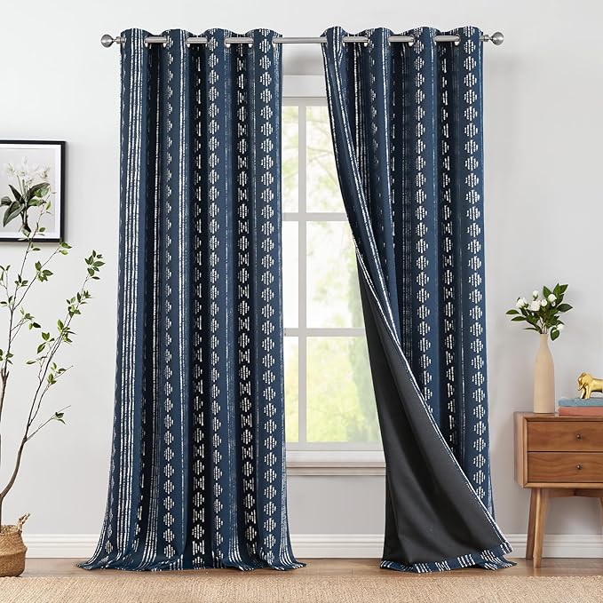 jinchan 95% Blackout Boho Curtains 96 Inches Long for Bedroom Living Room Silver Geometric Foil Printed Blue Curtain Grommet Top Room Darkening Drapes 52 x 96 2 Panels