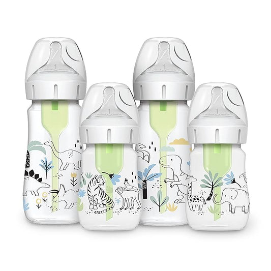 Dr. Brown's Anti-Colic Options + Wide-Neck Baby Bottle Designer Edition, Jungle, 5 oz/150 mL + Dino, 9oz/270mL, with Level 1 Slow Flow Nipple, BPA-Free, 0m+, 4-Pack