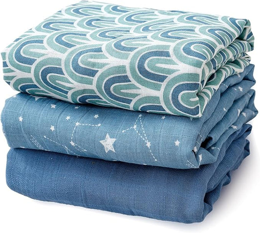 Happy Flute 3 Set Muslin Swaddle Blankets,Essential Baby&Newborn Swaddling,Perfect for Boys&Girls,Receiving Blankets,Nursing,Stroller Cover,Large 47.2x43.3 inches Swaddle Wrap Burping Clothes. (Blue)