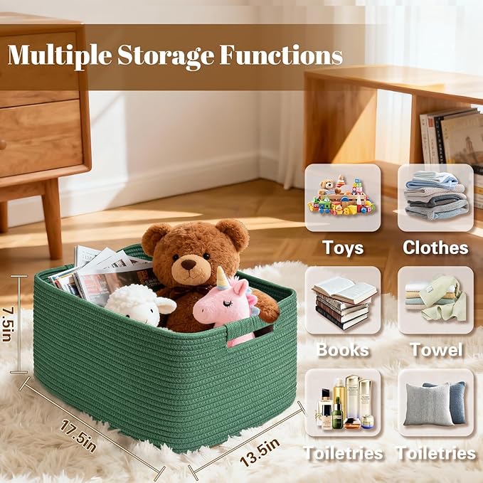 3 Pack Large Storage Basket for Organizing, 17.5"x13.5"x7.5" Woven Basket for Shelves, Closet Cube Storage Bins with Wrapped Handle, Cotton Rope Baskets for Kitchen, Clothes, Toys(Green)