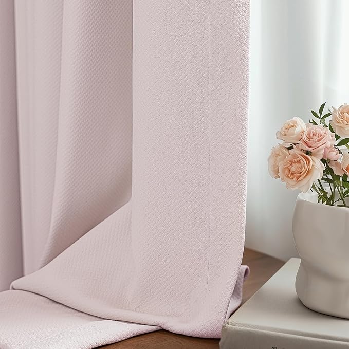 FMFUNCTEX 100% Blackout Curtains for Bedroom, Pale Pink Curtains 96 Inches Long Textured Thermal Insulated Curtains for Living Room Drapes, Black Out Drapery Grommet Room Darkening 2 Panels