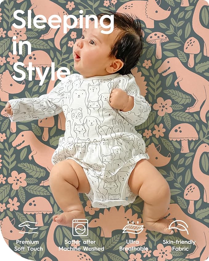 TotBasic Dinosaur Crib Sheets for Boys, Premium Soft Crib Mattress Fitted Sheet, Ultra Breathable Baby Sheets, Super Stretchy Baby Bed Sheets 28x52x9 Extra Deep Pocket, 2 Pack