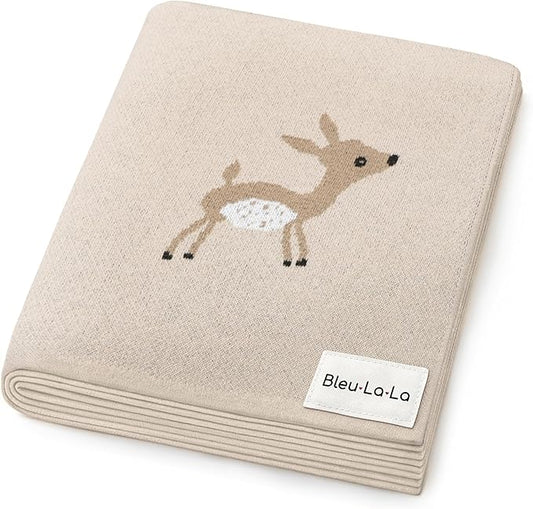 Knit Baby Swaddle Blanket - 100% Cotton Soft Cozy Receiving Swaddling Stroller Blanket Quilt for Shower Gift Registry for Newborns Infants Toddlers Gender Neutral (Deer - Taupe)