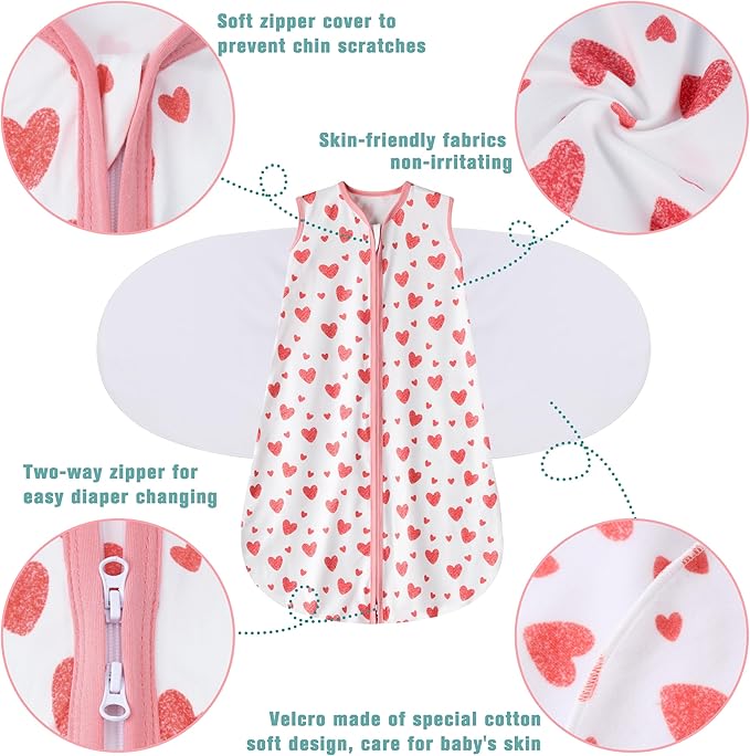 BSTOPPT Newborn Sleep Sack Baby Swaddle,Swaddle me 0-3 Month,3-Way Adjustable Wearable Blanket,100% Rayon Cotton Swaddling Sleeping Bag，TOG 0.5 (Love, 0-3 Months)