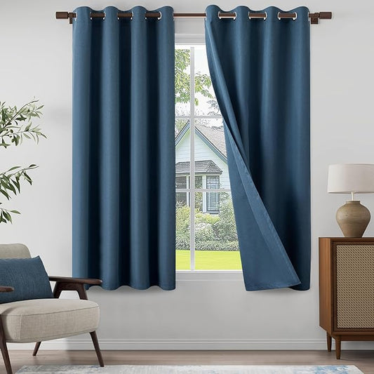 100% Blackout Linen Textured Curtains for Children's Room, Bedroom, Light Weight Curtains with Grommets Top, Full Blackout Curtains Privacy Protection, Dark Blue, 52" W x 63" L, 2 Panels