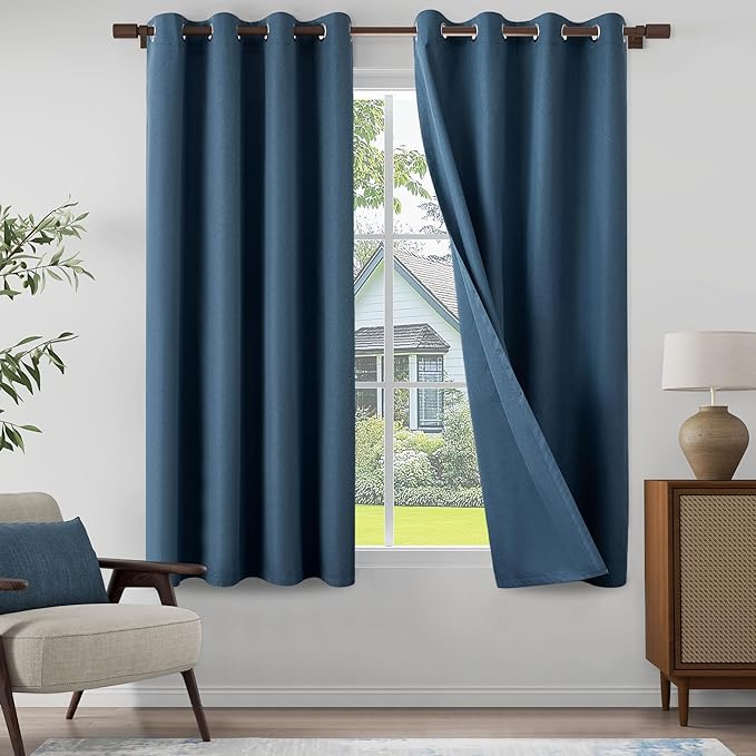 Dark Blue 100% Blackout Linen Textured Curtains for Living Room, Bedroom, Light Weight Curtains with Grommets Top, Full Blackout Curtains Privacy Protection, Dark Blue, 52" W x 72" L, 2 Panels