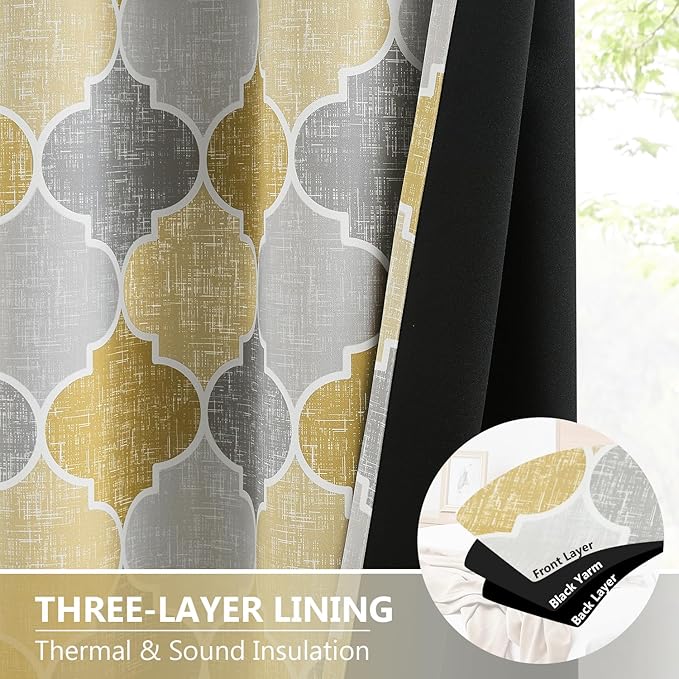 Gray Yellow Full Blackout Curtains 84 Inches Long for Bedroom Living Room Moroccan Geo Print Window Panels Thermal Insulated Room Darkening Privacy Grommet Top Drapes, 52x84, 2 Panels