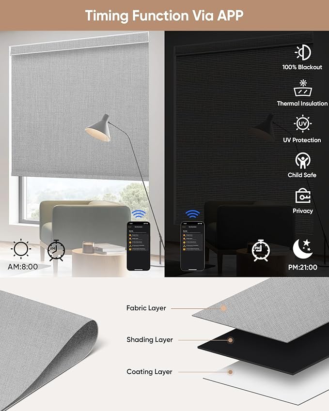 Kincmo Motorized Blinds with Remote,100% Blackout Motorized Roller Shades Work with Apple Homekit,Alexa,Google, Custom Electric Blinds with App,Voice Control (Dual Sided Grey)