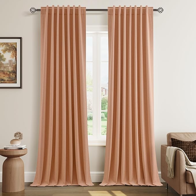 Guken 100% Blackout Curtains 108 Inch Length 2 Panels Set for Living Room Bedroom Back Tab Thermal Insulated Black Out Linen Drapes Room Darkening Peach Quartz,52x108