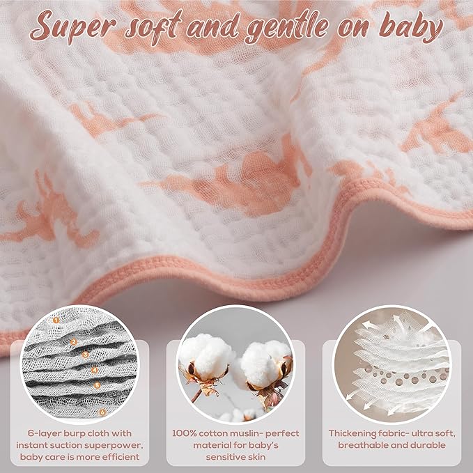 LILY O LAUREL Muslin Burp Cloths, 20"x10"- Pack of 8, 6 Layers Super Soft Absorbent & Breathable 100% Cotton for Baby Drool and Messes, Burp Cloth Baby Boy and Burp Cloths Baby Girl