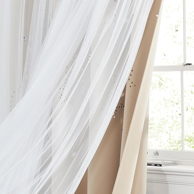 NICETOWN Kids Blackout Curtains for Baby Rooms Girl Princess Curtain for Daughter Bedroom Window Moon and Star Hollout Sliding Door Panel for Living Room (Biscotti Beige, W52 X L84, 1 Panel)