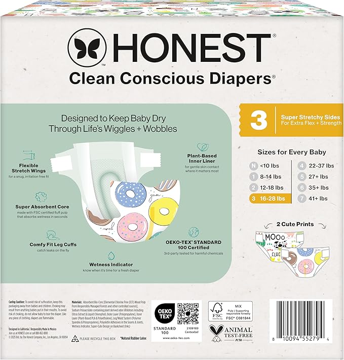 The Honest Company Comfort Dry Disposable Diapers for Sensitive Skin, Hypoallergenic, Fragrance-Free, Barnyard Babies + Donut Grow Up, Club Box, Size 3 (16-28 lbs), 62 Count