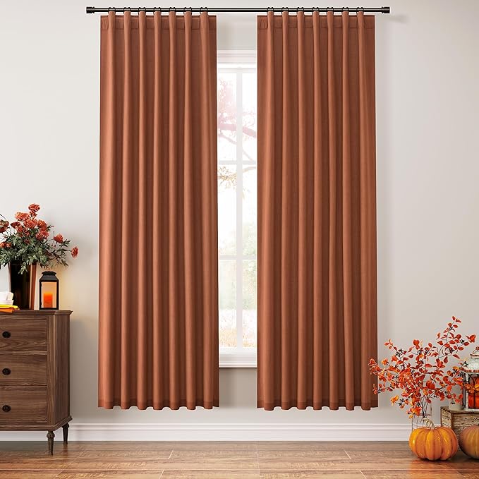 Guken Terracotta 100% Blackout Curtains 72 Inch Length 2 Panels Set Fall Curtains for Living Room Bedroom Back Tab Thermal Insulated Black Out Linen Drapes, 52x72