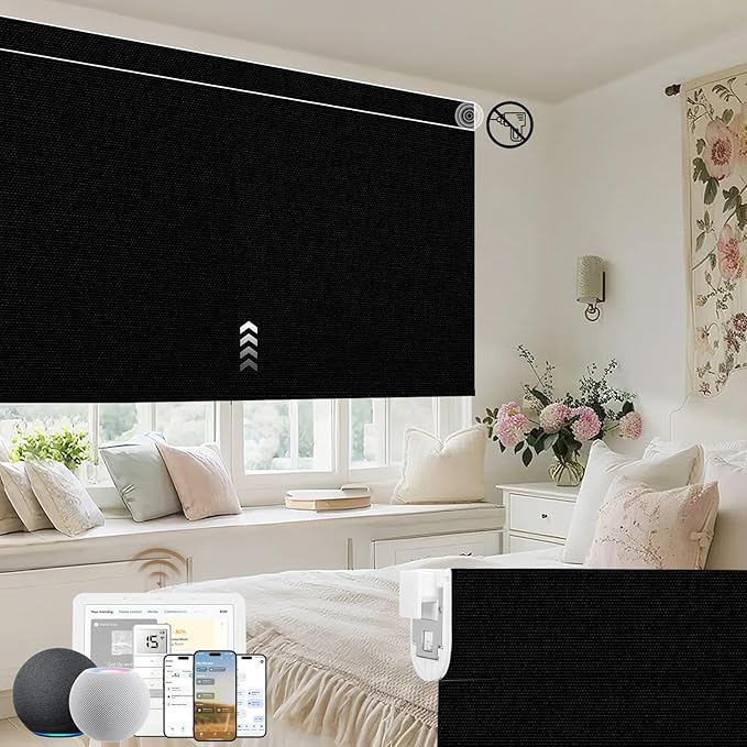Kincmo No Drill Motorized Blinds with Remote, 100% Blackout Roller Shades for Windows, Custom Electric Blinds Compatible with Alexa, Apple Homekit, Google Home (100% Blackout Waterproof Vinyl Black)