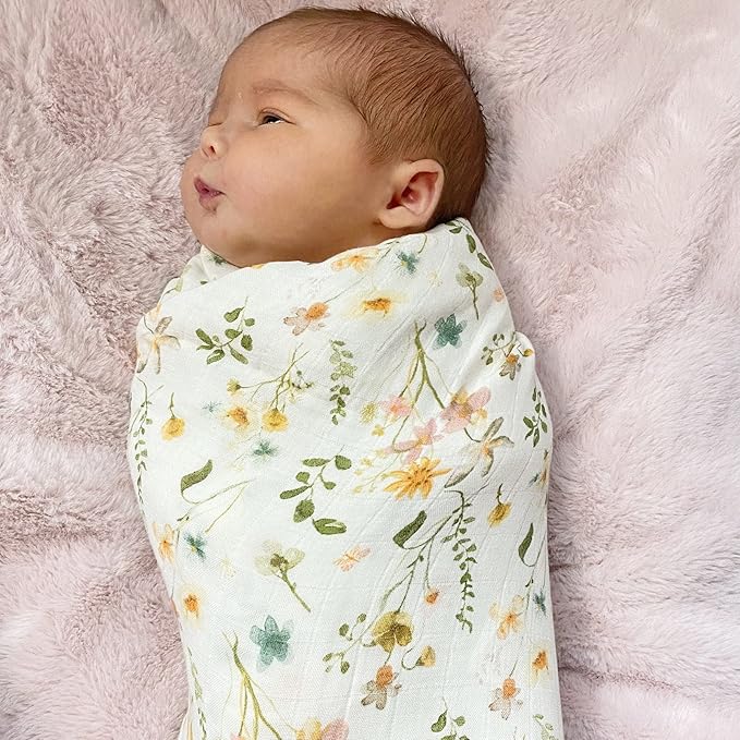 LifeTree Muslin Swaddle Blankets for Baby Girl, 2-Pack 70% Viscose from Bamboo and 30% Cotton Large Swaddle Blankets (47" x 47"), Floral & Dusty Pink Checkered
