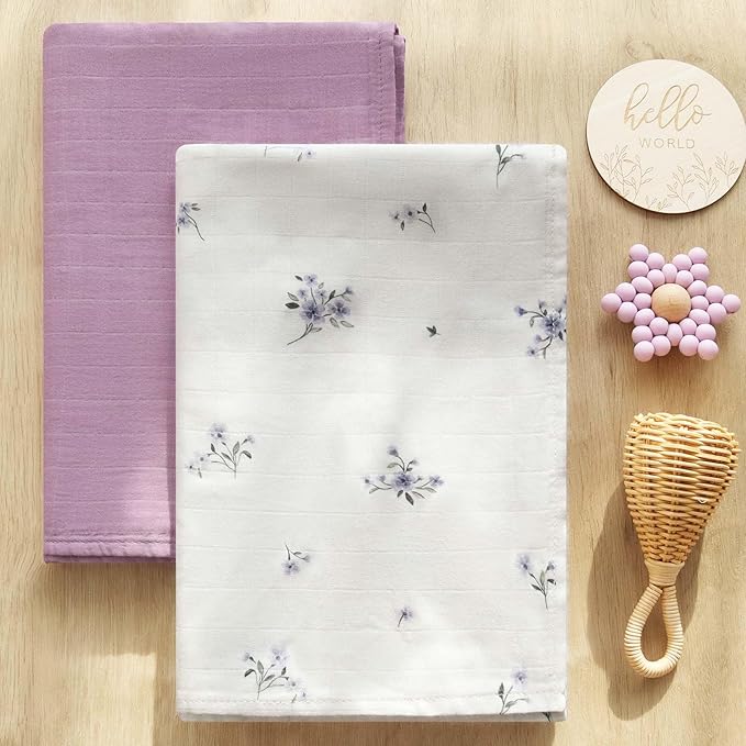 LifeTree Baby Swaddle Blankets, Boys Girls Muslin Swaddling Wrap Receiving Blanket for Newborn, 70% Viscose from Bamboo and 30% Cotton, Large 47" x 47", Flower and Mauve Pattern