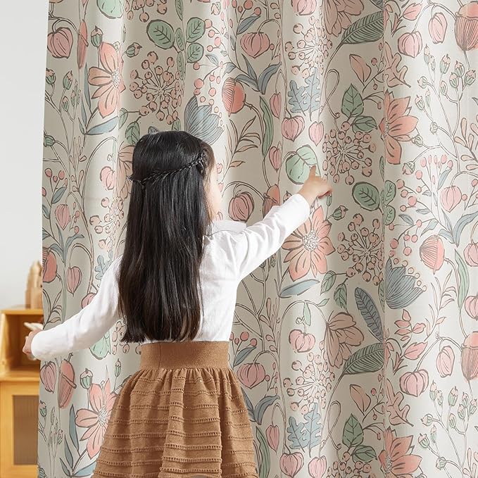 Vangao Pink Nursery Curtains for Girls Room Easter Floral 100% Blackout Curtains 96 Inch Length Farmhouse Drapes for Bedroom Room Darkening Window Flower Patterned Treatment for Kids Set of 2