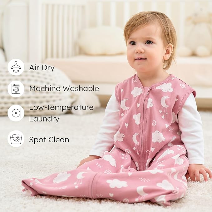 FIEMOL Baby Sleep Sack 6-12 months, 100% Cotton Sleeping Sack for Newborn and Infant, 3 Pack Baby Wearable Blanket, 0.5 Tog Lightweight Double Zipper Sleep Bag Medium Pink Stars Moon