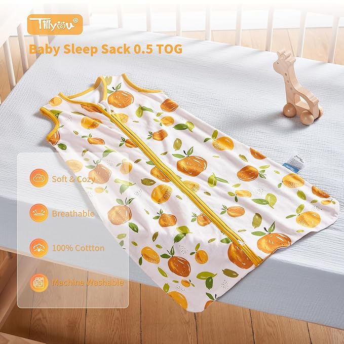 TILLYOU 2 Pack Baby Sleep Sack 18-24 Months 100% Cotton Wearable Blanket 0.5 TOG Sleeveless Summer Sleep Sacks with 2-Way Zipper, Orange Flavour & Orange