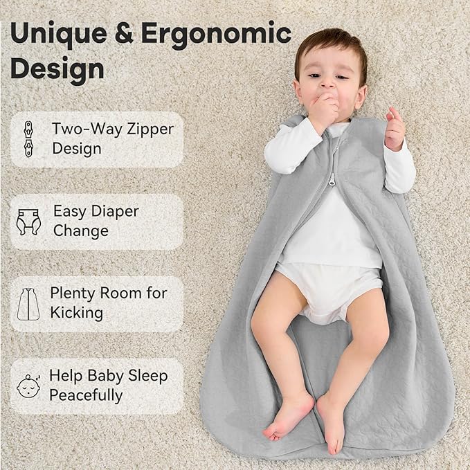 Unnivoll Baby Sleep Sack 18-24 Months 1.0 Tog Baby Wearable Blanket Cotton Sleeping Sack Quilted Baby Sleep Bag with 2-Way Zipper for Toddler Infant Grey