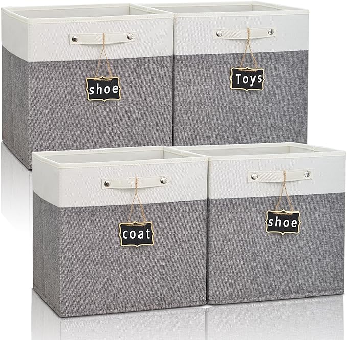 12x12 storage cube bins 4 Pack,Collapsible Fabric Storage Cubes with Labels,Linen Cube Storage Organizer Bins with Cotton Handles,Square Storage Cubes for Home,Office,Clothes,Cabinet (White Grey).
