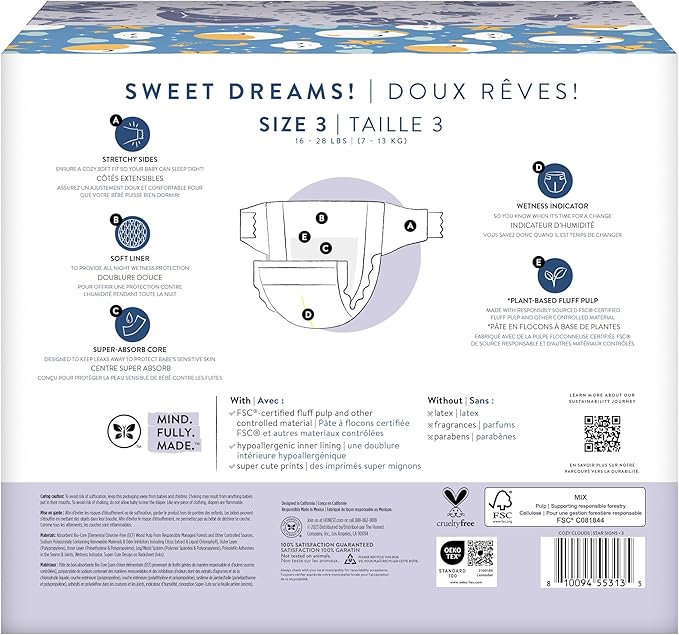 The Honest Company Comfort Dry Disposable Overnight Diapers for Sensitive Skin, Hypoallergenic, Baby Cozy Cloud and Star Signs Design Club Box Size 3 (16–28 lbs) 52 Count