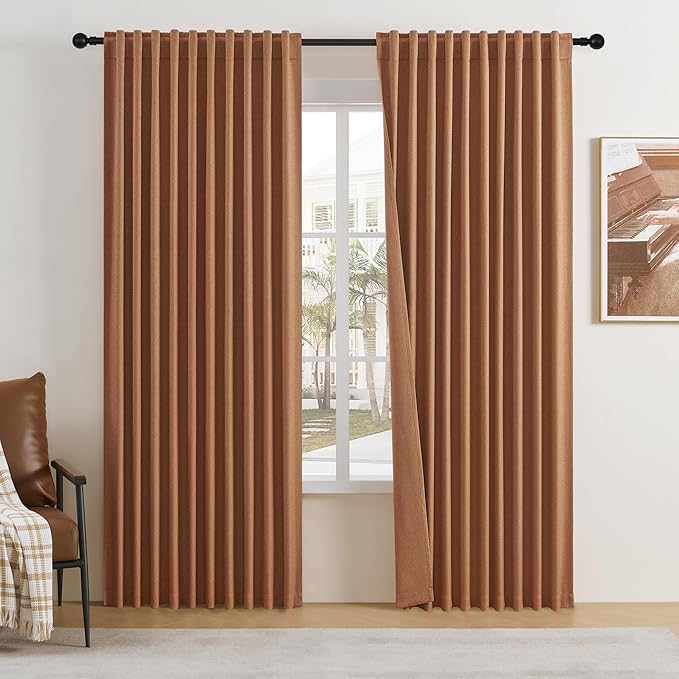 DUALIFE Linen Blackout Curtains- Energy Saving Back Tab Loop Pocket Pinch Pleated Rustic Farmhouse Drapes for Patio Sliding Glass Door 84x96 Inch Privacy Draperies,Rust/Burnt Orange