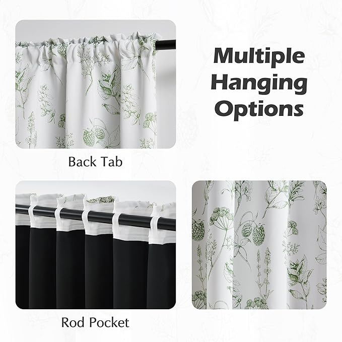 FMFUNCTEX 100% Blackout Floral Curtains 96 Inches Long for Bedroom, Sage Green Leaf Drapes for Living Room, Farmhouse Rod Pocket Back Tab Room Darkening Thermal Insulated Window Drapes 2 Panels
