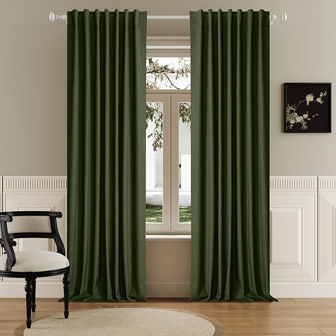 120 Inch Extra Long Linen Olive Green Curtains Floor to Ceiling for Sliding Glass Doors 2 Panels, Flax Linen 100% Blackout Elegant Boho Thermal Curtains for Large Windows 10 FT Drapes,50 x 120 Inch