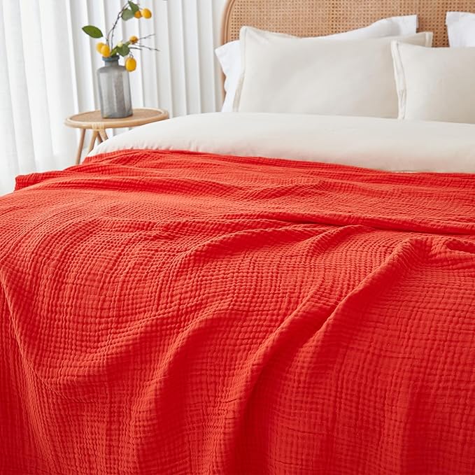 EMME Cotton Throw Blanket - 100% Muslin Soft, Breathable Gauze - All Season, Lightweight - Pre-Washed - Orange Rust, 50"x70"