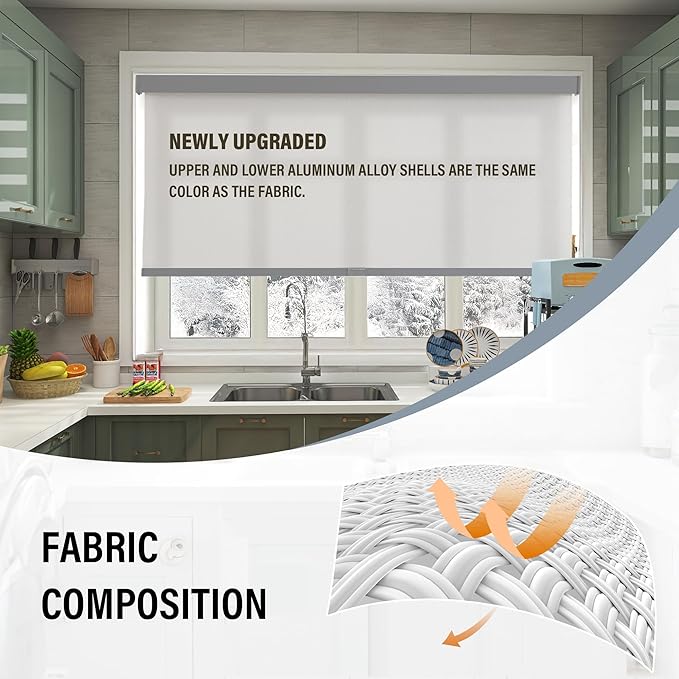 AOSKY Light Filtering Roller Shades Cordless Blinds for Windows, 1% Openness Free-Stop Shades with Valance, Thermal Insulated Fabric, UV Protection, Natural Woven Blindss（32" W x 72" H, Grey）
