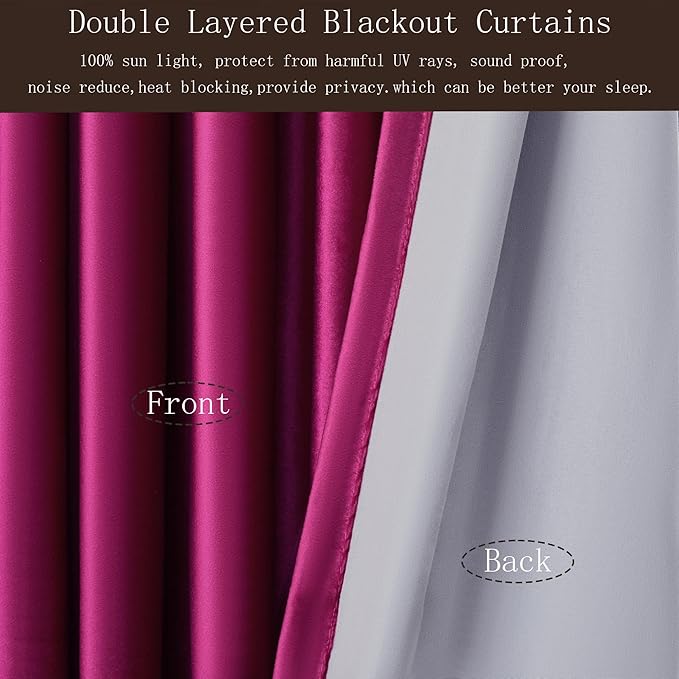 100% Full Blackout Hot Pink Velvet Curtains 63 inch Long for Living Room,Set of 2 Liner Rod Pocket Back Tab Thermal Window Curtains Room Darkening Heavy Decorative Curtains Drapes for Bedroom