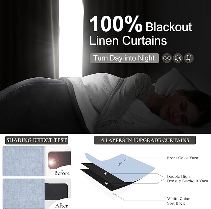 DustyBlue 102 Inches Long Blackout Curtains for Kids Bedroom 2 Panels Set, Pinch Pleated Living Room Curtain Linen Thermal Coastal Drapes Floor to Ceiling Track Light Blue Decor (40"Wx102"L)
