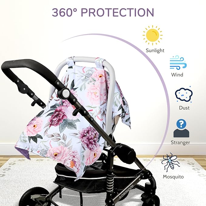Baby Car Seat Cover, Peekaboo Opening Car Seat Canopy for Baby Girls Boys, Mom Nursing Breastfeeding Covers, Blanket for Infant, Pink Purple