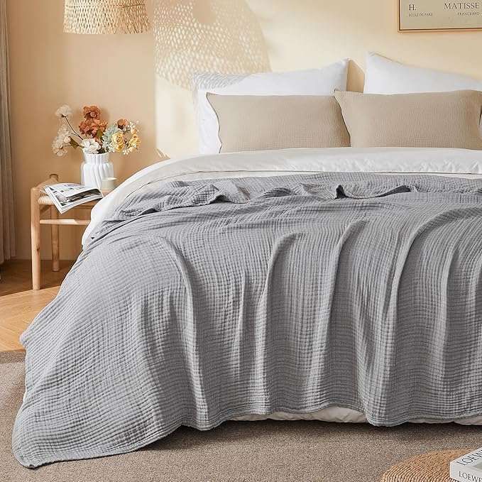 EMME Cotton Muslin Large Throw Blanket Couch Breathable Gauze Soft Lightweight Bed Blankets Adults (Heather Grey, 50"x70")