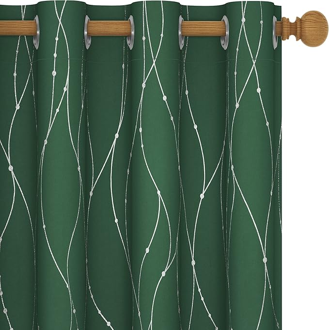 Deconovo Green Curtains, Christmas Blackout Drapes, Thermal Insulated Soundproof Drape, Wave Line Dot Foil Print, 52 x 63 Inch, 2 Panels, Machine‑Washable Window Panel for Living Room Kitchen Nursery