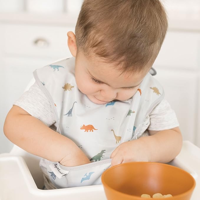 Tiny Twinkle Mess-Proof Baby Bibs for Eating | Waterproof, Wipeable Toddler Bibs with Catch-All Pocket | Feeding Bibs for Girls & Boys(3 Pack,Sea, Dino)