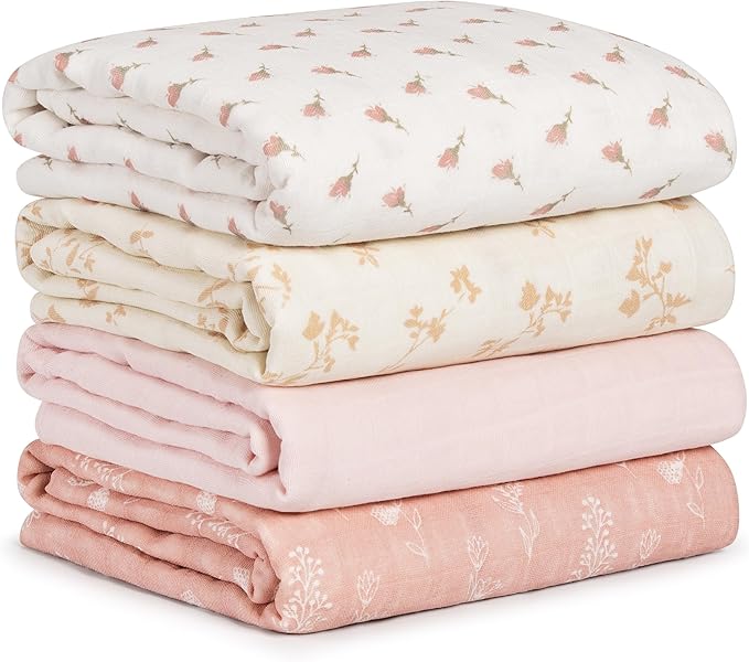 Muslin Swaddle Blankets for Newborn, 4 Pack Cotton Baby Blankets for Girls, Large 31.5 x 43.3 Breathable Soft Receiving Blanket, Essentials Swaddle Wrap Burping Clothes, Flowers