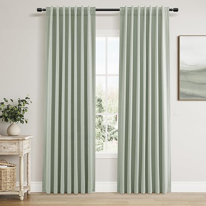 Guken 100% Blackout Curtains 80 Inch Length 2 Panels Set for Living Room Bedroom Back Tab Thermal Insulated Black Out Linen Drapes Room Darkening Window Curtains 80 Inches Long,Mist Sage