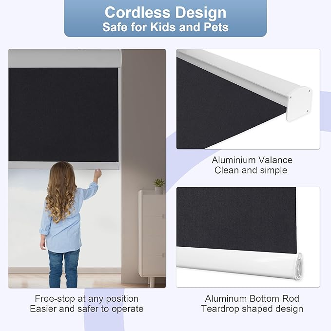 Allesin 100% Blackout Cordless Roller Shades for Windows, Free-Stop Shades, Thermal Insulated, UV Protection, Waterproof Fabric, Easy to Install for Home, Office, Bathroom (Black 36 x 72)