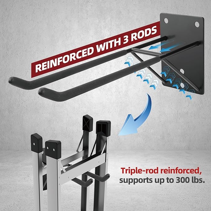 14'' Large Garage Hooks with 3 Support Rods, Heavy Duty Steel Garage Storage Wall Hooks for Garden Tool Organizer, Shed Organizer, Ladder Hooks, Car Tires, Chairs 2 Pack