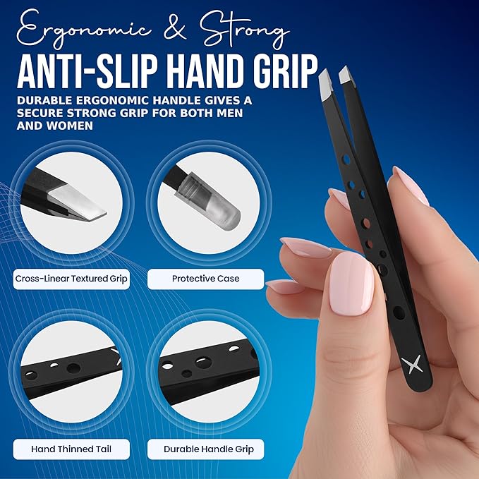 Premium Slant Tip Tweezers – Handmade Japanese Stainless Steel, Ultra-Precise Hair Removal Tool for Brows, Ingrowns & Splinters – Ergonomic 9-Hole Grip, Professional Salon Quality (Matt Black)