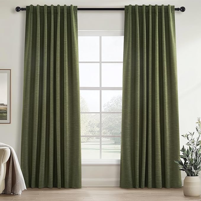 Topfinel 92 Inches Long Farmhouse Custom Black Out Drapery Panels,Rustic Country Faux Textured Opaque Pleated Window Coverings, Olive Green Boho Heat Blocking Tab Top Kids Curtains