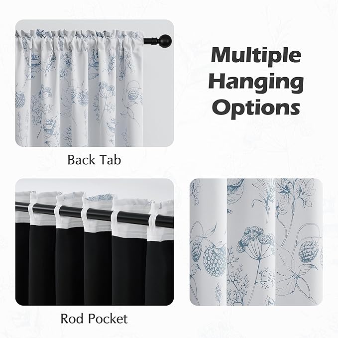 FMFUNCTEX 100% Blackout Floral Curtains 96 Inches Long for Bedroom, Blue and White Floral Drapes for Living Room, Farmhouse Rod Pocket Back Tab Room Darkening Thermal Insulated Window Drapes 2 Panels