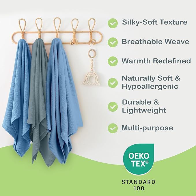 100% Organic Cotton Muslin Baby Blanket - 47 x 47 Inch Breathable Muslin Swaddle Blanket, Hypoallergenic Double-Layer, Soft and Cozy Blankets for Sleeping & Everyday Use (Slate/Aquarius)