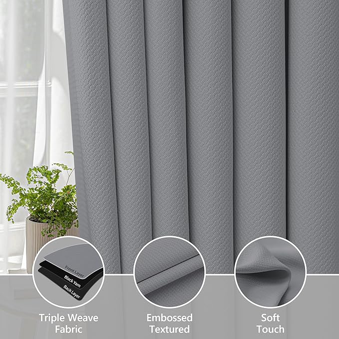 FMFUNCTEX 100% Blackout Curtains for Bedroom, Dark Grey Back Tab Curtain 90 Inches Long Drapery Thermal Insulated Curtains for Living Room, Black Out Drapes Rod Pocket Room Darkening 2 Panels